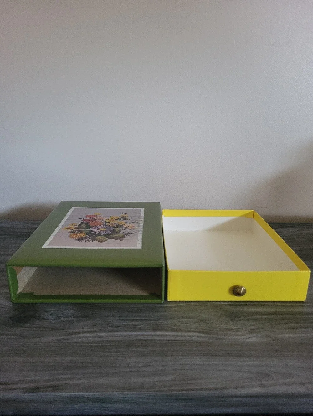 Vintage Floral Stationary Storage Drawer Box Green Yellow